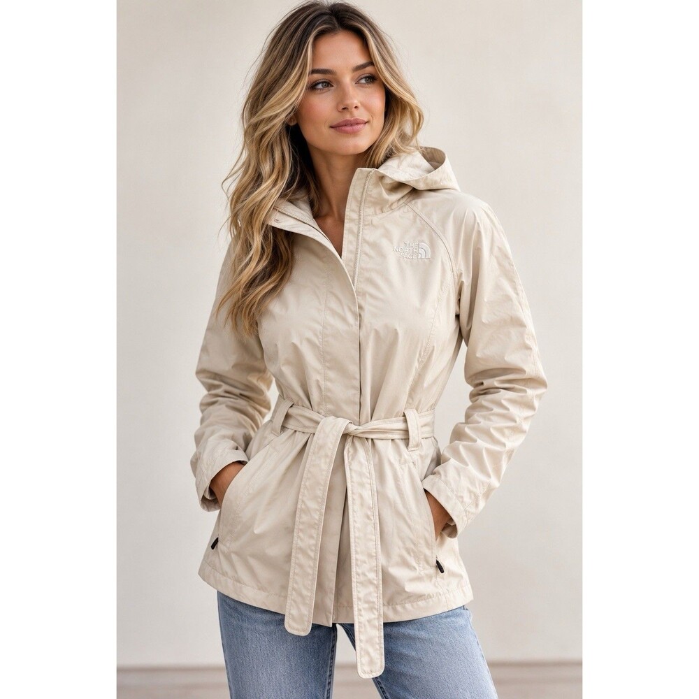 The North Face Women's Cream Ivory Hooded Belted Trench Rain Jacket Small